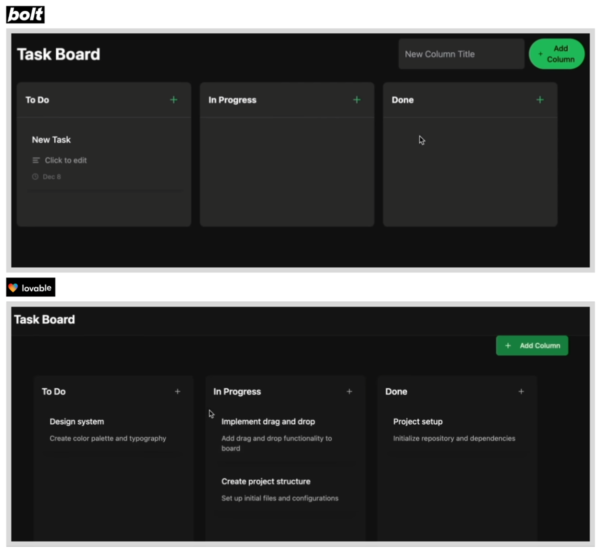 Bolt vs Lovable design comparison with dark theme