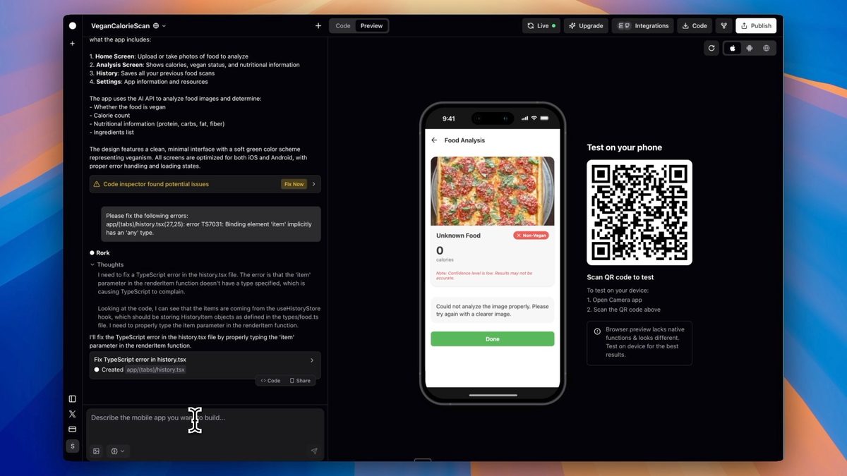 Rork's app building interface