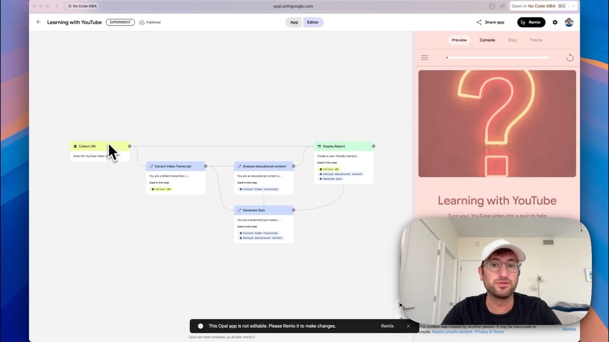 YouTube Quiz maker on Opal