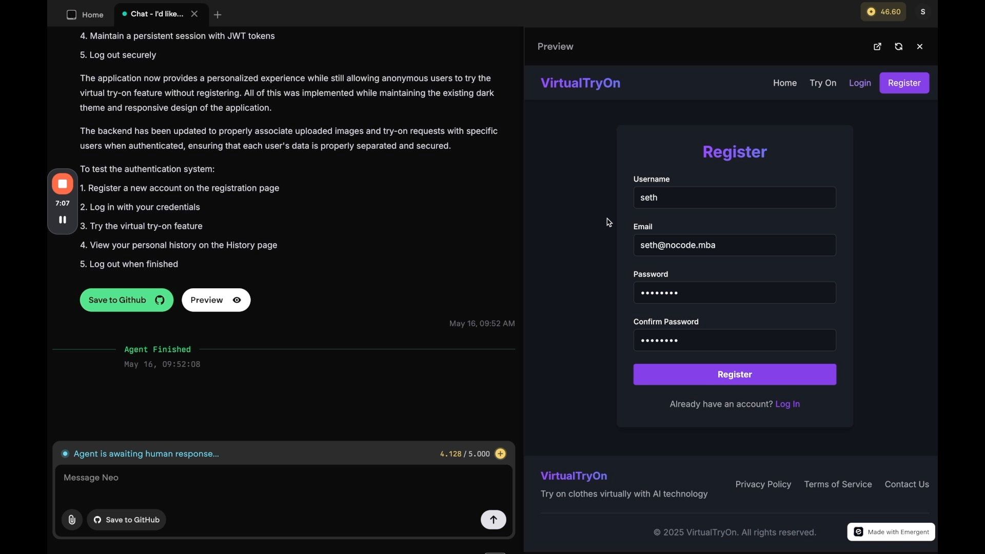 Emergent creates user authentication