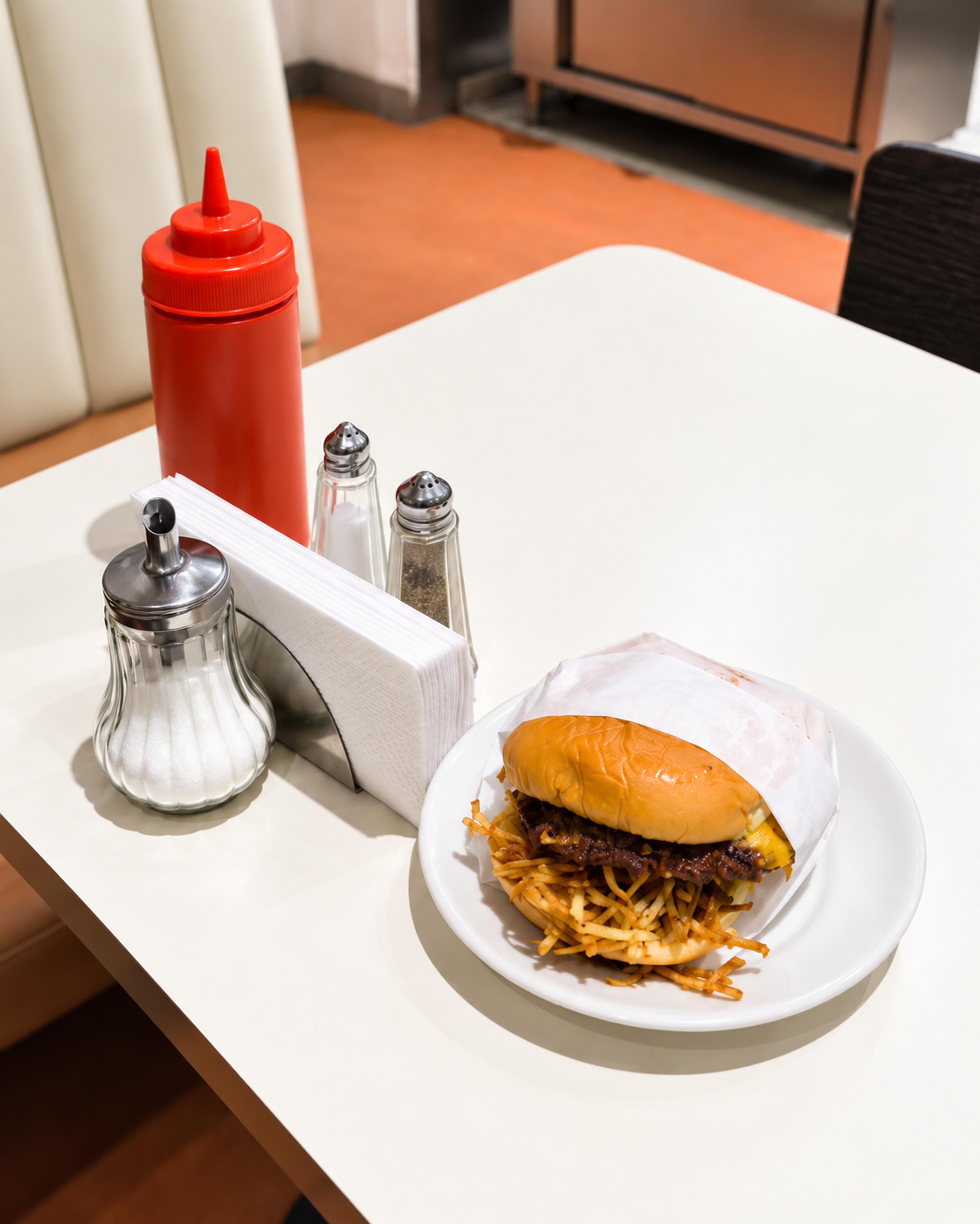 Lima Kreuzburger auf einem weißen Teller neben Ketchupflasche, Salz- und Pfefferstreuer, Zuckerspender und Serviettenhalter