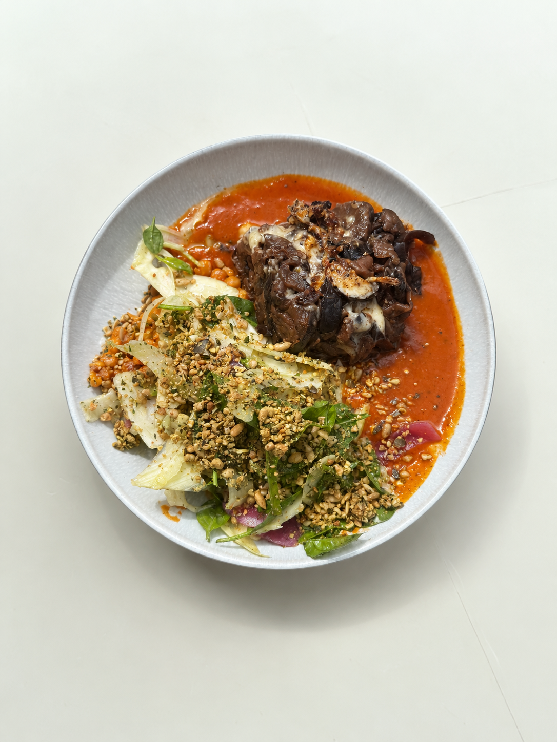 Bowl from Schüsseldienst with braised meat, red broth, cabbage and herbs