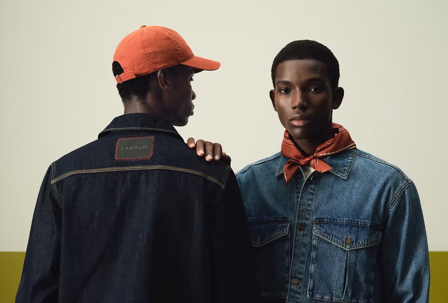 Portrait of two models wearing pieces from the John Lewis x LABRUM London ‘Cultural Threads’ menswear collection.