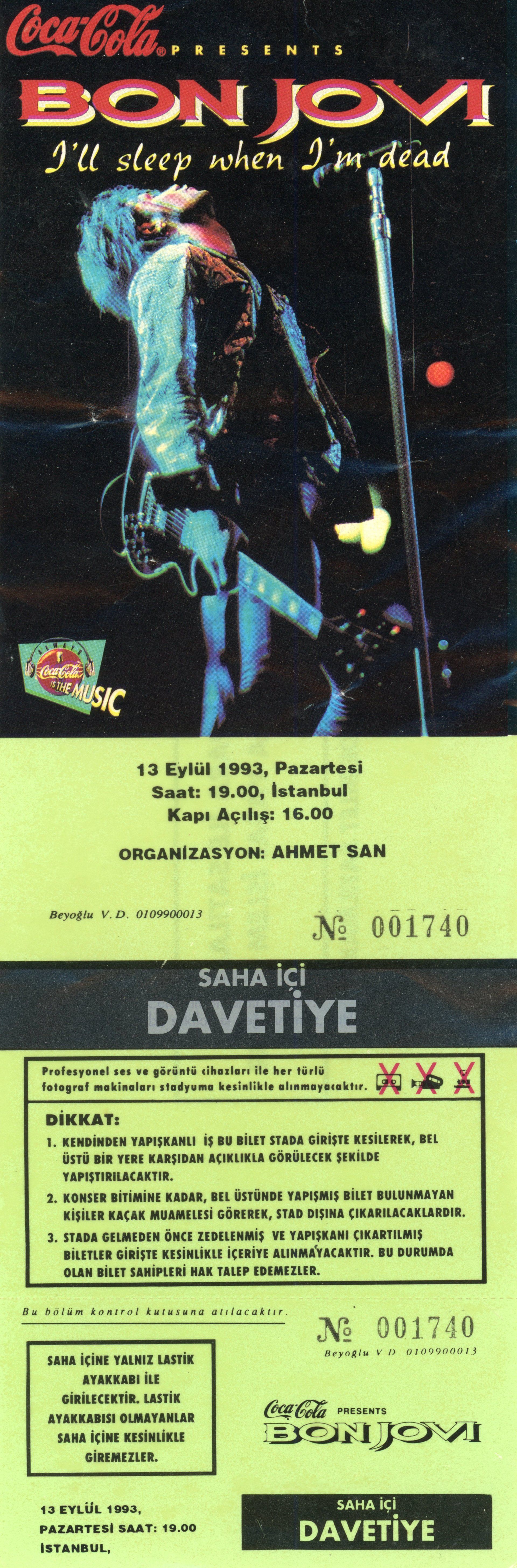 Concert Ticket, Istanbul, 1993 | Backstage with Bon Jovi