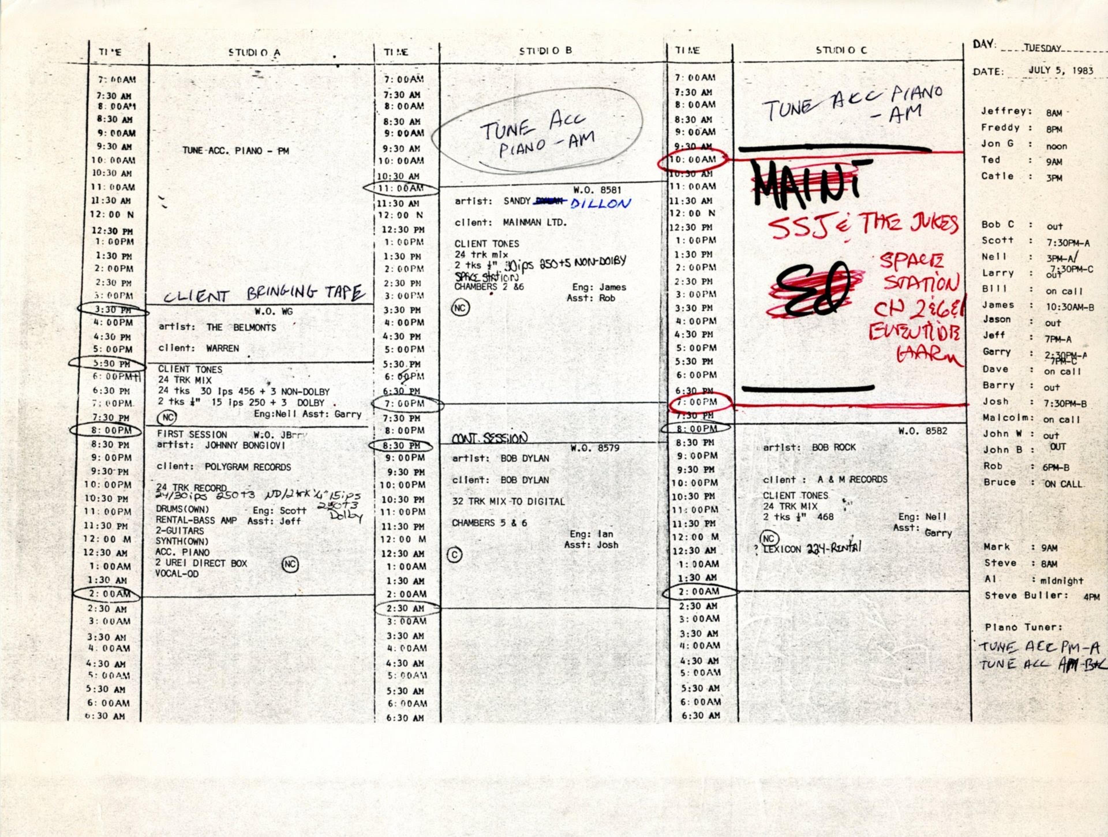 POWER STATION RECORDING SCHEDULE JULY 1983 Backstage With Bon Jovi power-station-recording-schedule-july-1983-backstage-with-bon-jovi