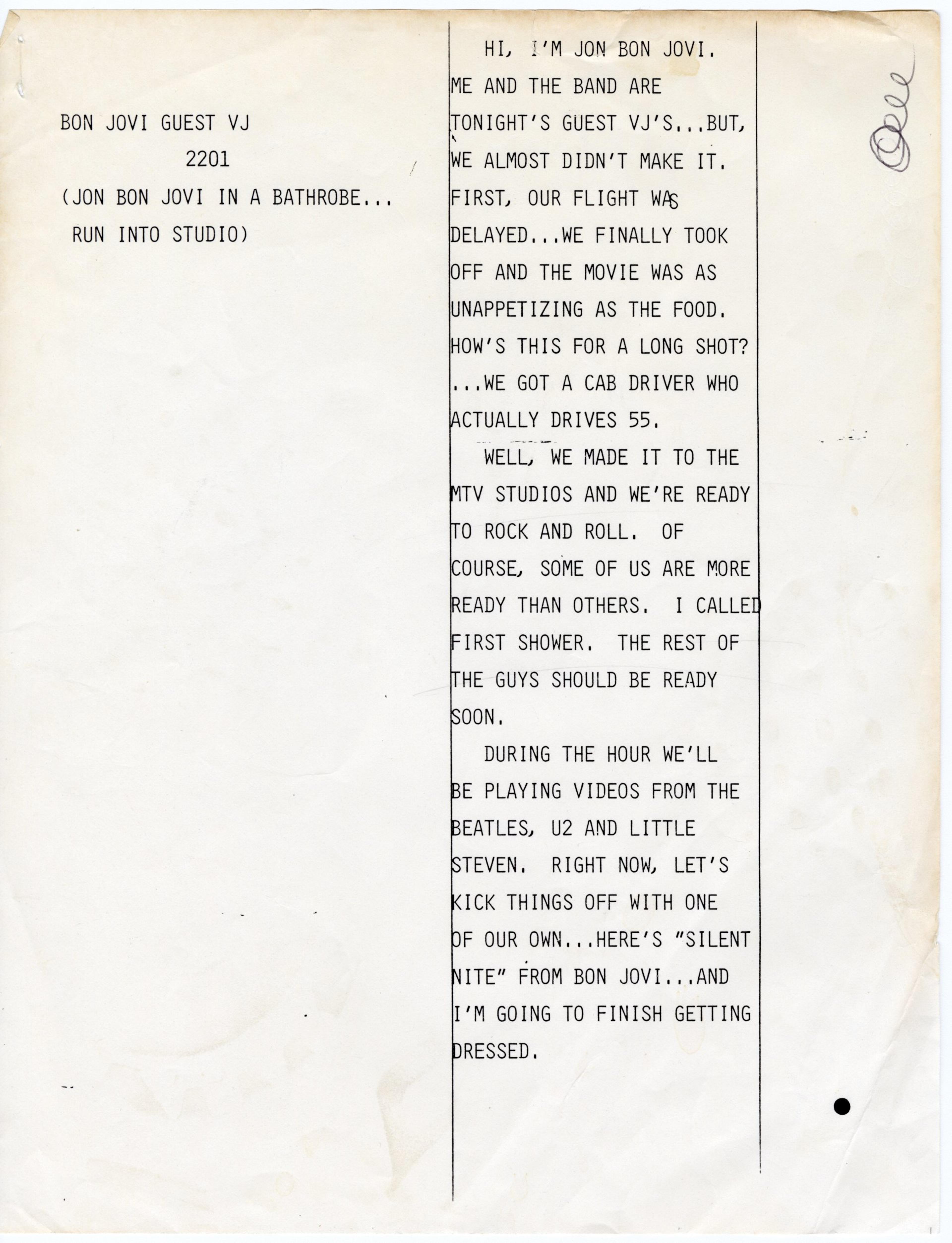 Scripts Backstage Festivals MTV VJ Script | Backstage with Bon Jovi