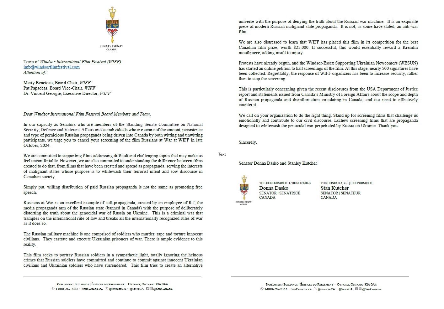 Senator Donna Dasko, Senatro Stanley Kutcher, Russians at War