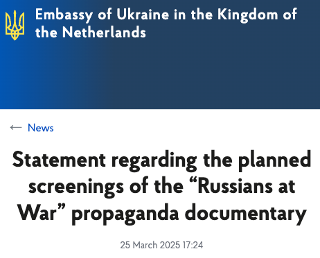 TWO SCREENINGS OF RUSSIANS AT WAR ARE PRESENTED IN THE HAGUE, THE FIRST IN A RECURRING SERIES - "FIRESIDE PEACE CHATS" - AT LEIDEN UNIVERSITY AND THE OTHER ORGANIZED BY A COALITION OF PEACE GROUPS AT GRANDE CAFÉ UTOPIE