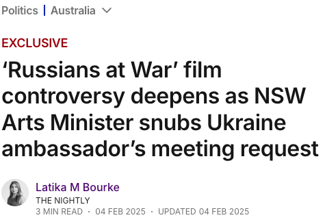 Ukraine’s Ambassador to Australia Vasyl Myroshynchenko has asked to meet the NSW Government’s Arts Minister over the planned screening of a Russian war film at a state backed film festival.
