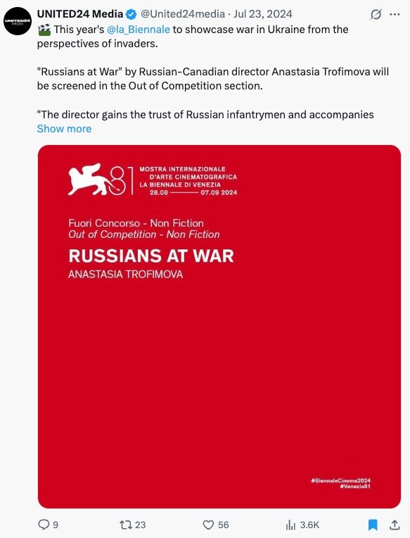 "Russians at War" by Russian-Canadian director Anastasia Trofimova will be screened in the Out of Competition section. "The director gains the trust of Russian infantrymen and accompanies one of the battalions advancing through Eastern Ukraine for a year," the film description states. It also mentions that she observes a situation different from the "propaganda of the East or the West," and encounters "disillusioned soldiers" who are "trying to understand what they are fighting for." In the same program, the film "Songs of Slow Burning Earth" by Ukrainian director Olha Zhurba has been selected. It portrays life in Ukraine during the first two years of the full-scale Russian invasion, forming a mosaic of normalized war experiences. The film shows the changes in society as it moves from the panic of the first weeks of the great war to the acceptance of death and destruction, which eventually become a tragic norm for Ukrainians.