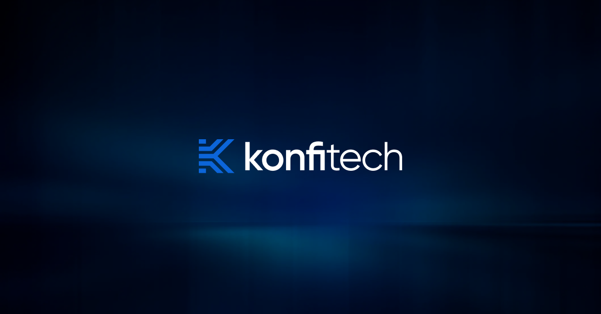 Konfitech's logo on a faded out blue background with dark corners