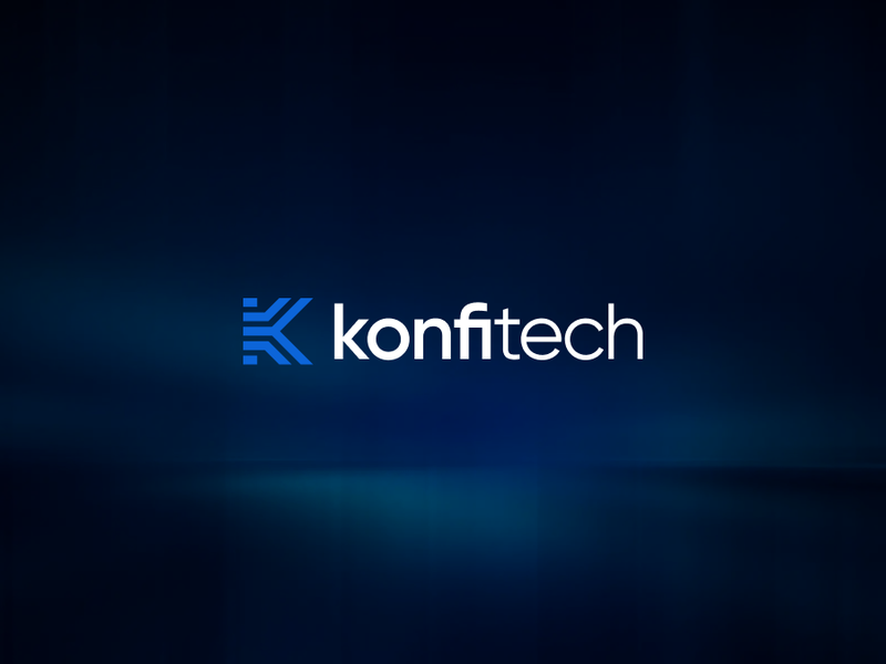 Konfitech sin logo på en blå bakgrunn med mørke hjørne