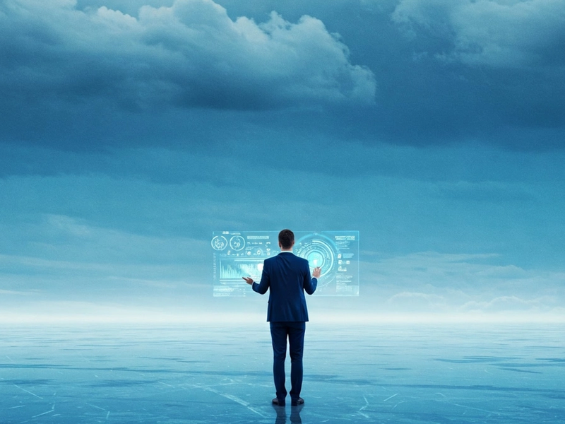 En flott kledd salgsmann i et blått skylandskap