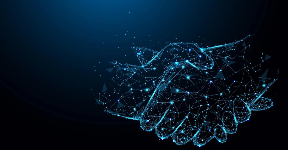 An image of two abstract technology hands shaking