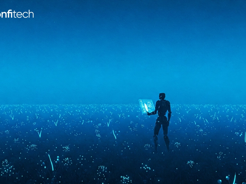 En robot som står ute i en øde mark og selger teknologi