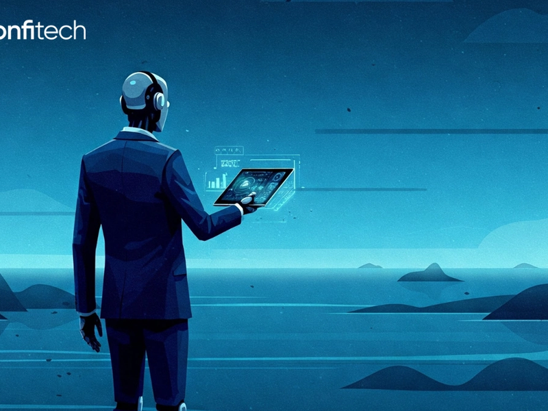 En robot som jobber for konfitech i et vakkert blått landskap