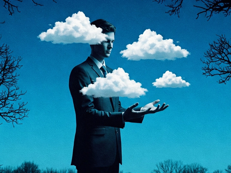 En flott kledd salgsmann som selger skyer i et blått landskap