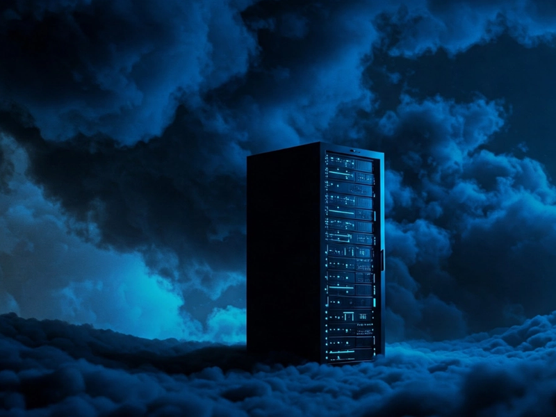 En dataserver i et sky landskap med svarte og blåe farger