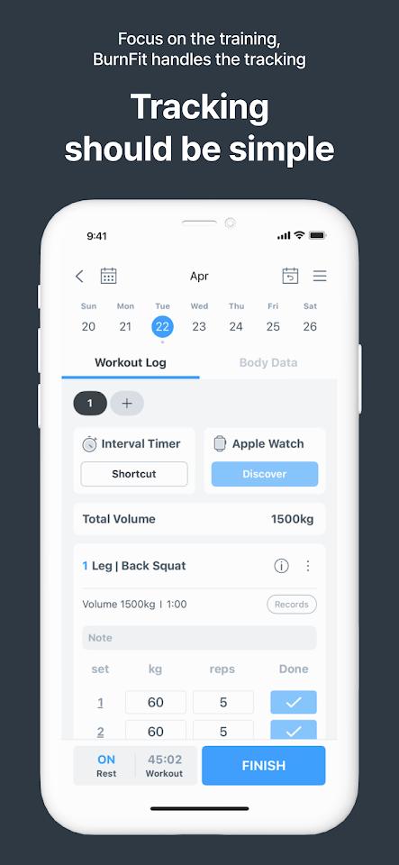 BurnFit app screenshot 3 — workout logging and strength training tracker