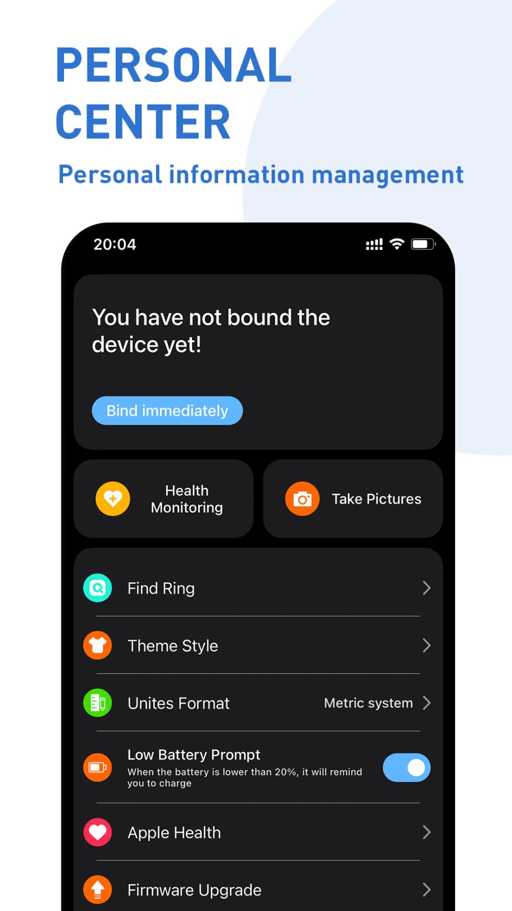QRing app screenshot 2 — smart ring health tracking interface