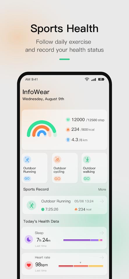 InfoWear app screenshot 1 — smartwatch health tracking and fitness monitoring