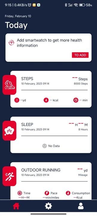FILA S-WATCH app screenshot 1 — smartwatch health tracking and fitness monitoring interface