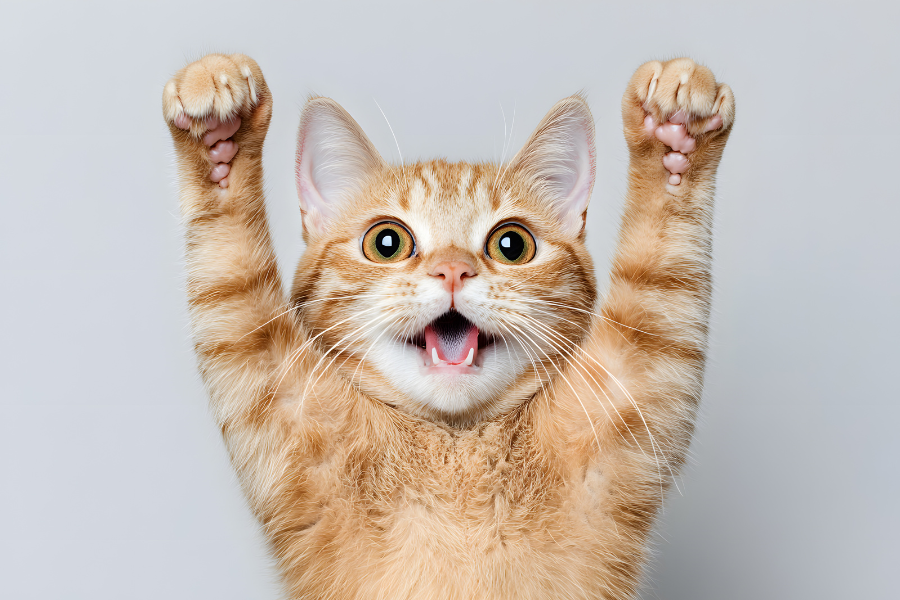 a cat with its paws in the air and its mouth open