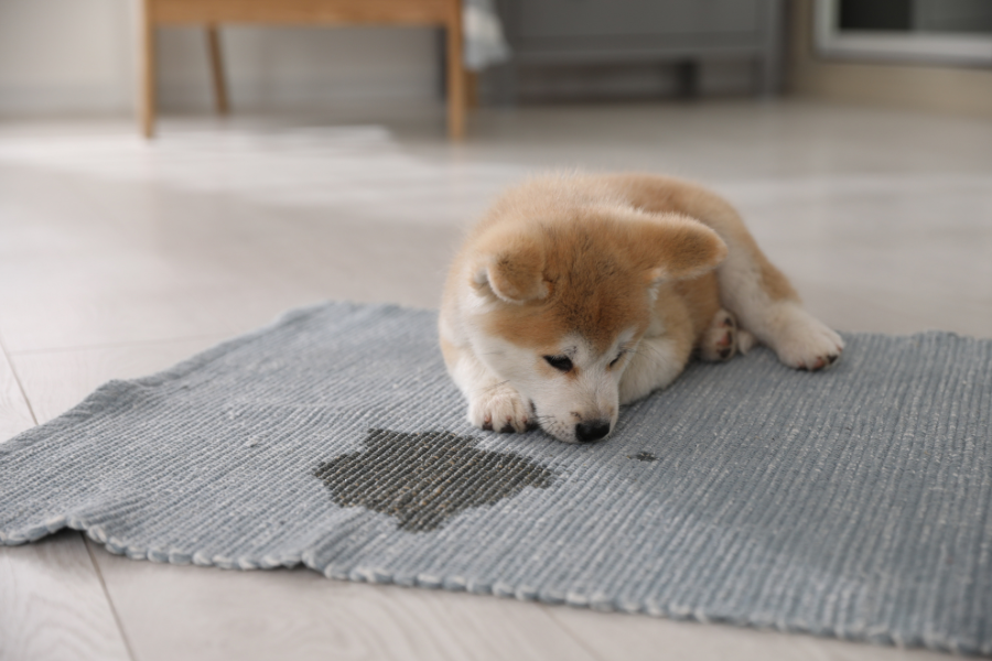 A small puppy lies on a gray mat, looking down at a fresh urine stain.