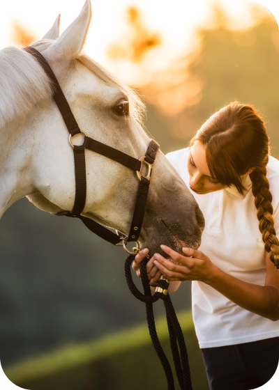 a woman petting a white horse with a black bridle