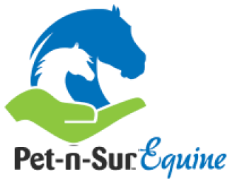 a logo for pet-n-surf equine with a hand holding a horse