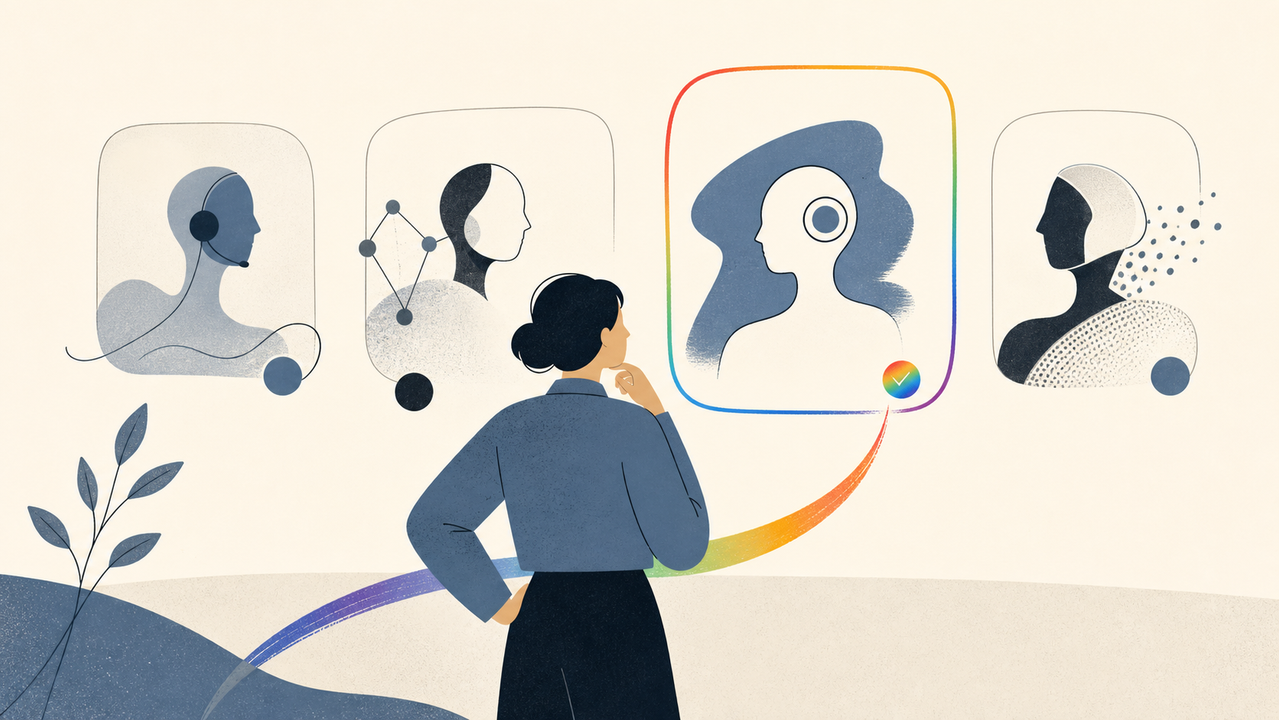 複数のAIから1つを選ぶ人のイラスト