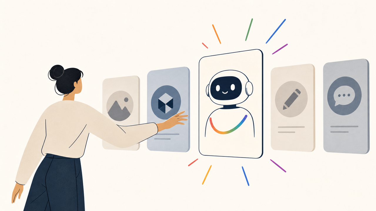 複数のAIアプリから1つの親しみやすいAIを選ぶ人のイラスト