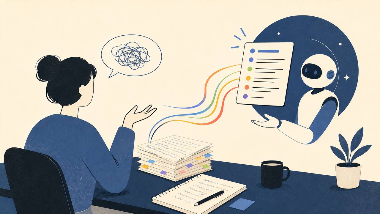 AIにメモを要約してもらう人のイラスト