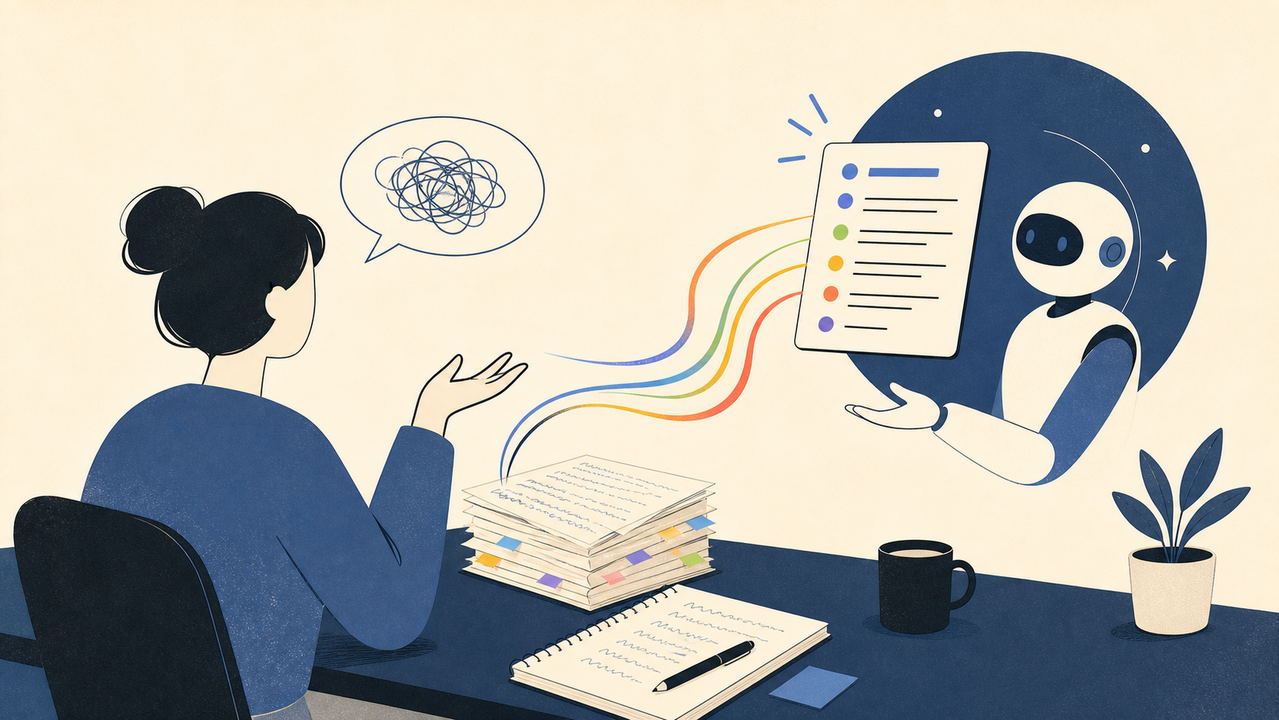AIにメモを要約してもらう人のイラスト