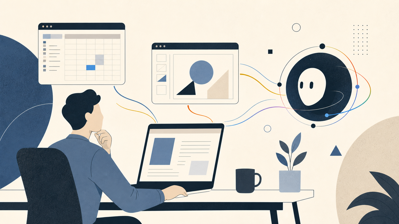 3つのOfficeアプリを使う人のイラスト