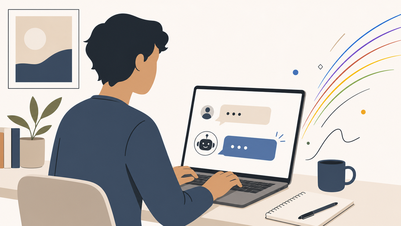 ノートPCでAIに最初の質問を打ち込む人のイラスト