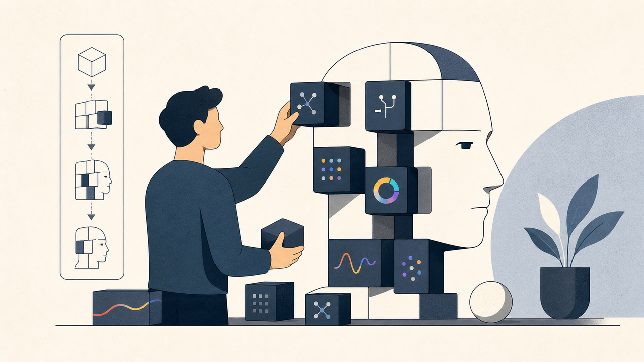 ブロックで自前AIを組み立てる人のイラスト