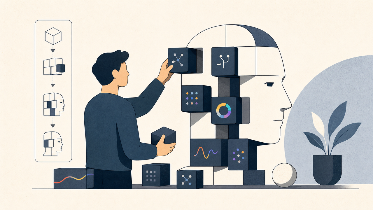 ブロックで自前AIを組み立てる人のイラスト