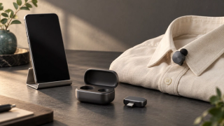 スマホ、衣服の襟に留めた小型マイク、充電ケース、USB-Cレシーバーを並べた概念画像