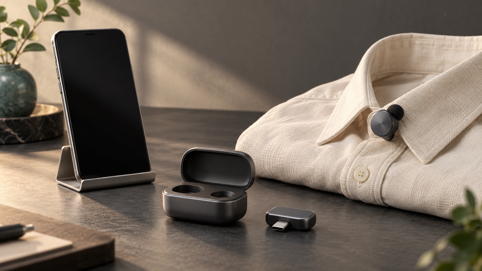 スマホ、衣服の襟に留めた小型マイク、充電ケース、USB-Cレシーバーを並べた概念画像