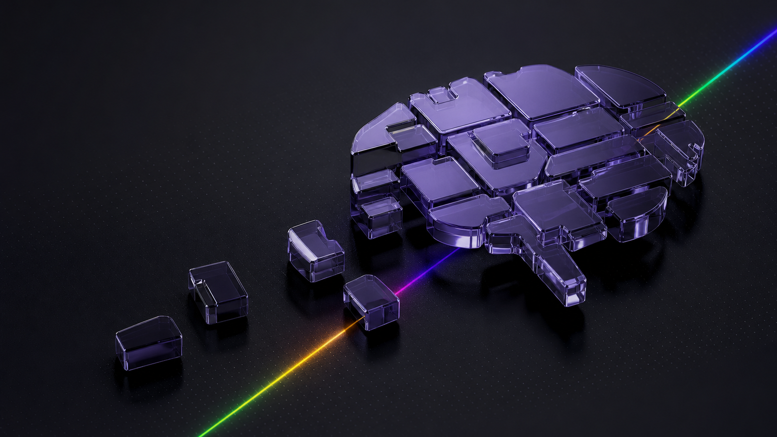 自前AI構築を表す、ガラスのブロックで組み上がる脳