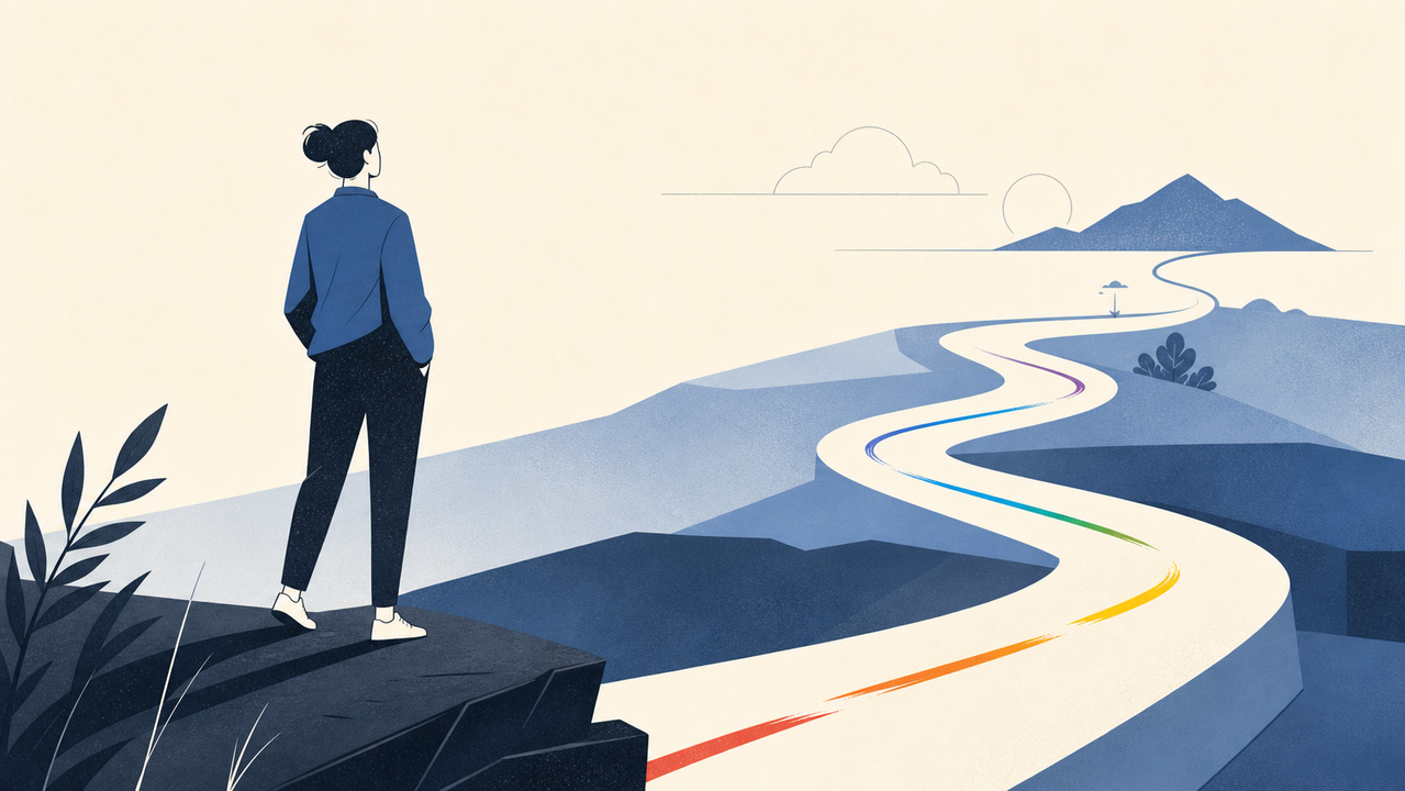 なめらかな作業の流れを見渡す人のイラスト