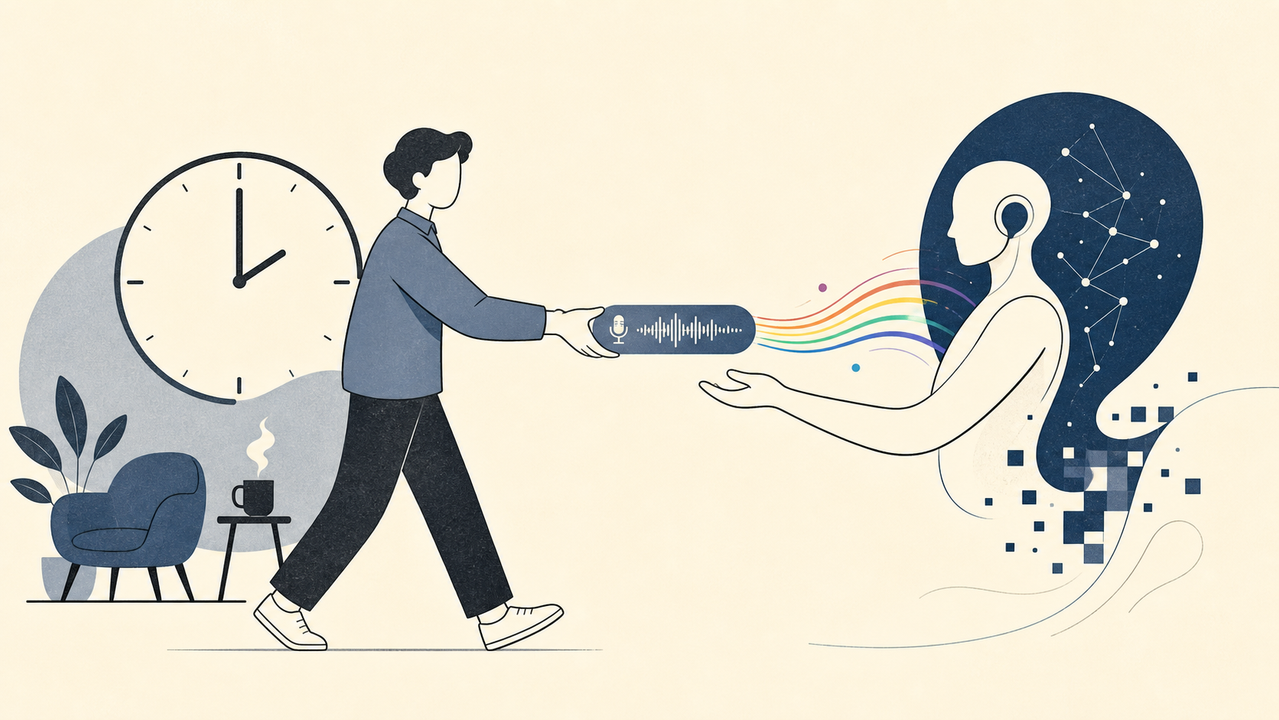 録音をAIに渡して時間が生まれる様子のイラスト