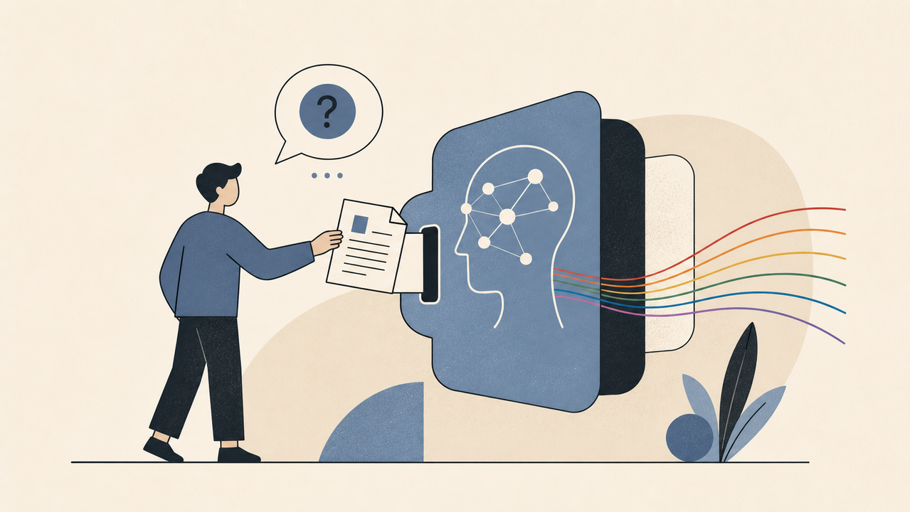 資料をAIに読ませて質問する人のイラスト