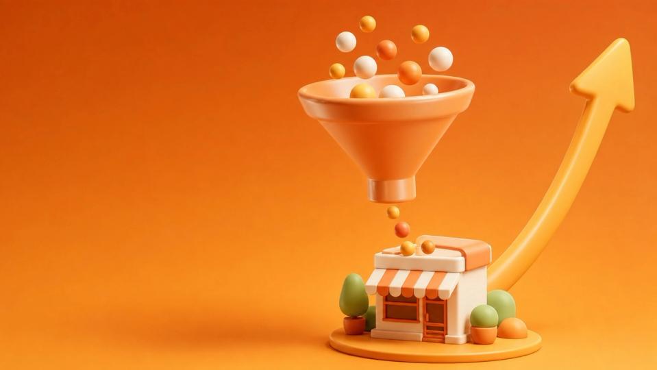 お客の流れを表すファネルと小さな店舗、上向きに伸びる矢印の3Dイラスト