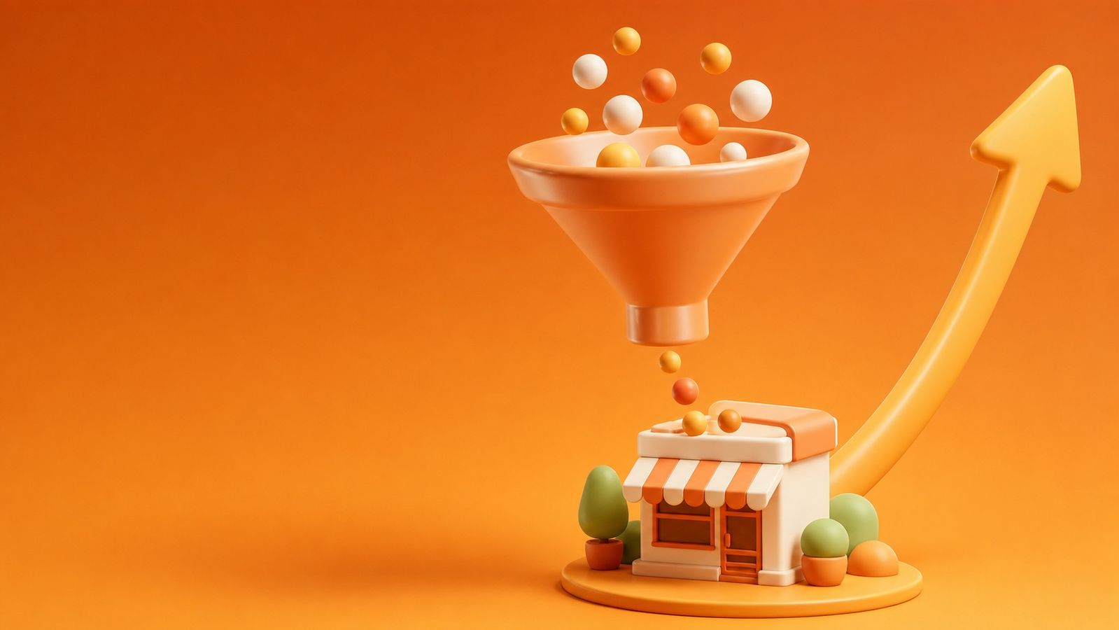 お客の流れを表すファネルと小さな店舗、上向きに伸びる矢印の3Dイラスト