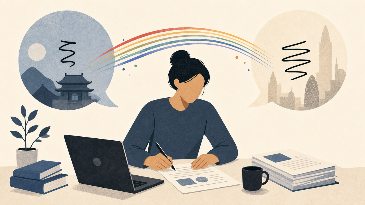 報告書作成と翻訳をする人のイラスト