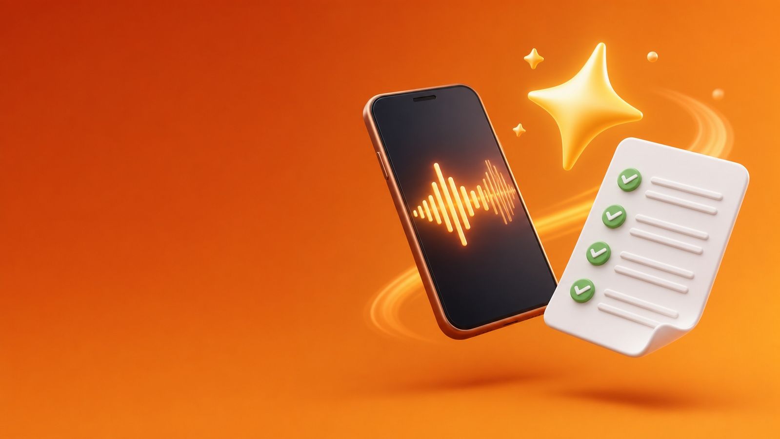 録音の波形が光るスマートフォンと、AIのきらめき、チェックが付いた議事録ドキュメントの3Dイラスト