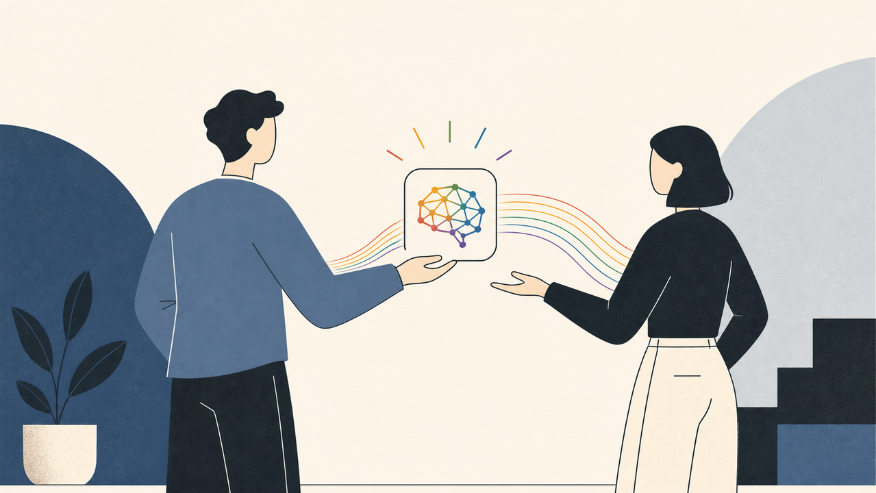 自前AIを同僚と共有する人のイラスト