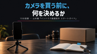 三脚のスマートフォンと2行を書いたノート。奥には開けていない機材の箱
